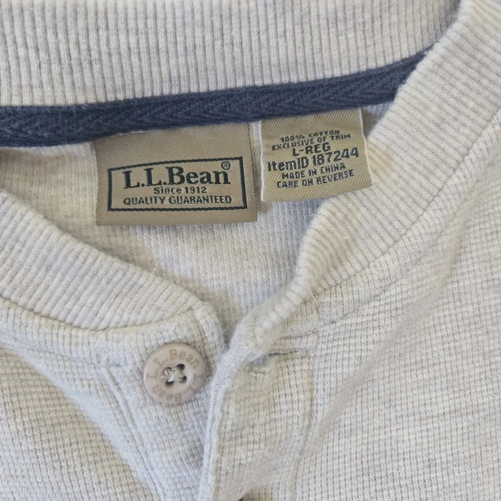 LL Bean Mens Large Beige Cotton Thermal  Long Sleeve Henley Shirt Waffle Knit